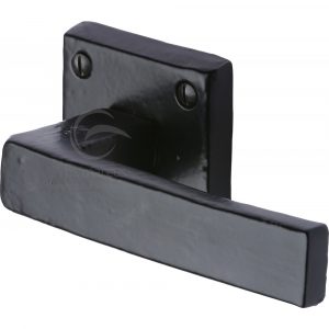 Black Iron Rustic Door Handle Lever Latch on Square Rose Hanwood Design