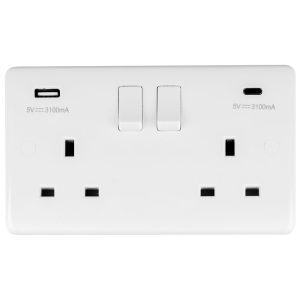13A 2 Gang Switched Socket with USB Outlets Enhanced White Plastic