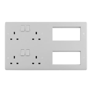 2x 13Amp Switched Sockets & 2x 4 Gang Modular Faceplate Enhanced White Plastic